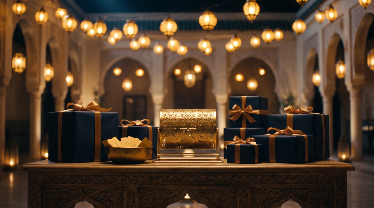Wrapped gifts and a gold raffle drum on a table beneath hanging lanterns
