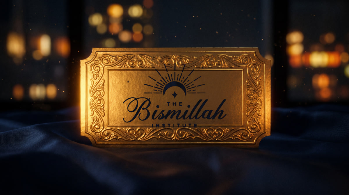 A golden Bismillah Institute gala ticket resting on navy silk
