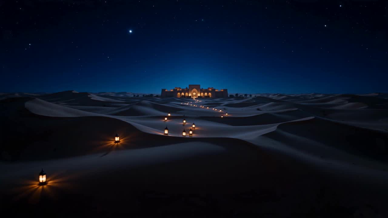 Lanterns drifting through moonlit dunes toward a golden palace, a scene from the Bismillah gala film