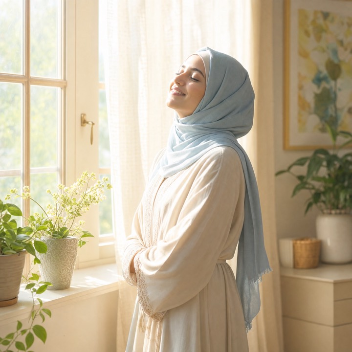 A woman in a pale blue hijab standing in bright morning sunlight by a window, eyes closed and smiling, shoulders relaxed as though a weight has lifted
