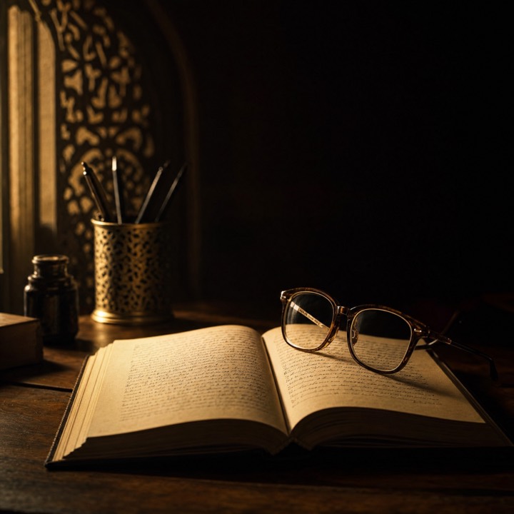 An open handwritten book and reading glasses on a dark desk, lit from one side