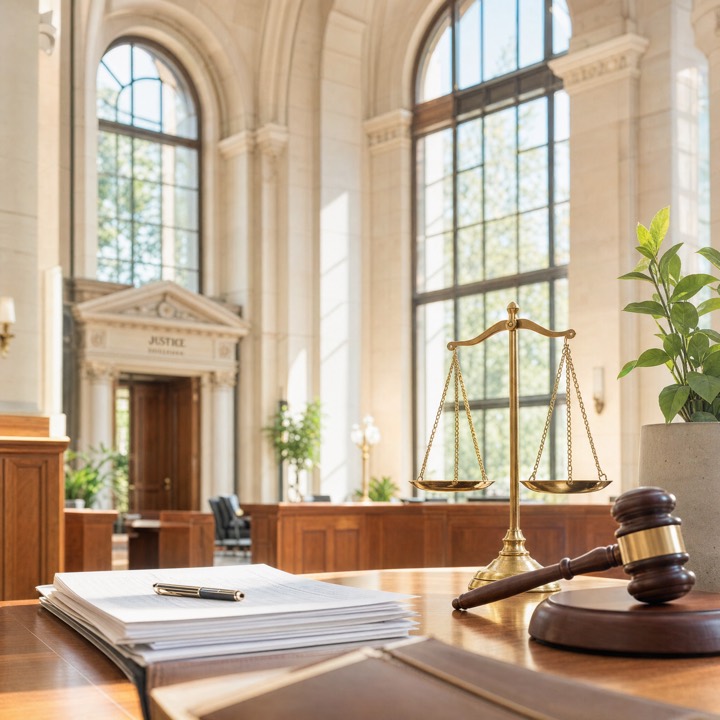 Brass scales of justice and a gavel on a polished desk in a sunlit courthouse with tall arched windows