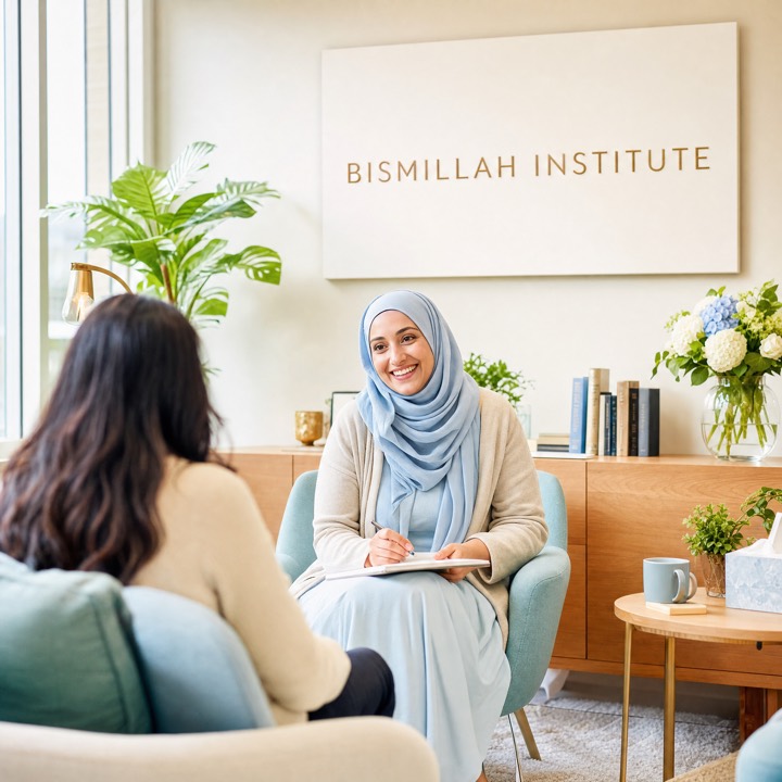A smiling therapist in a blue hijab listening to a client in a bright, plant-filled counselling room, under a sign reading Bismillah Institute